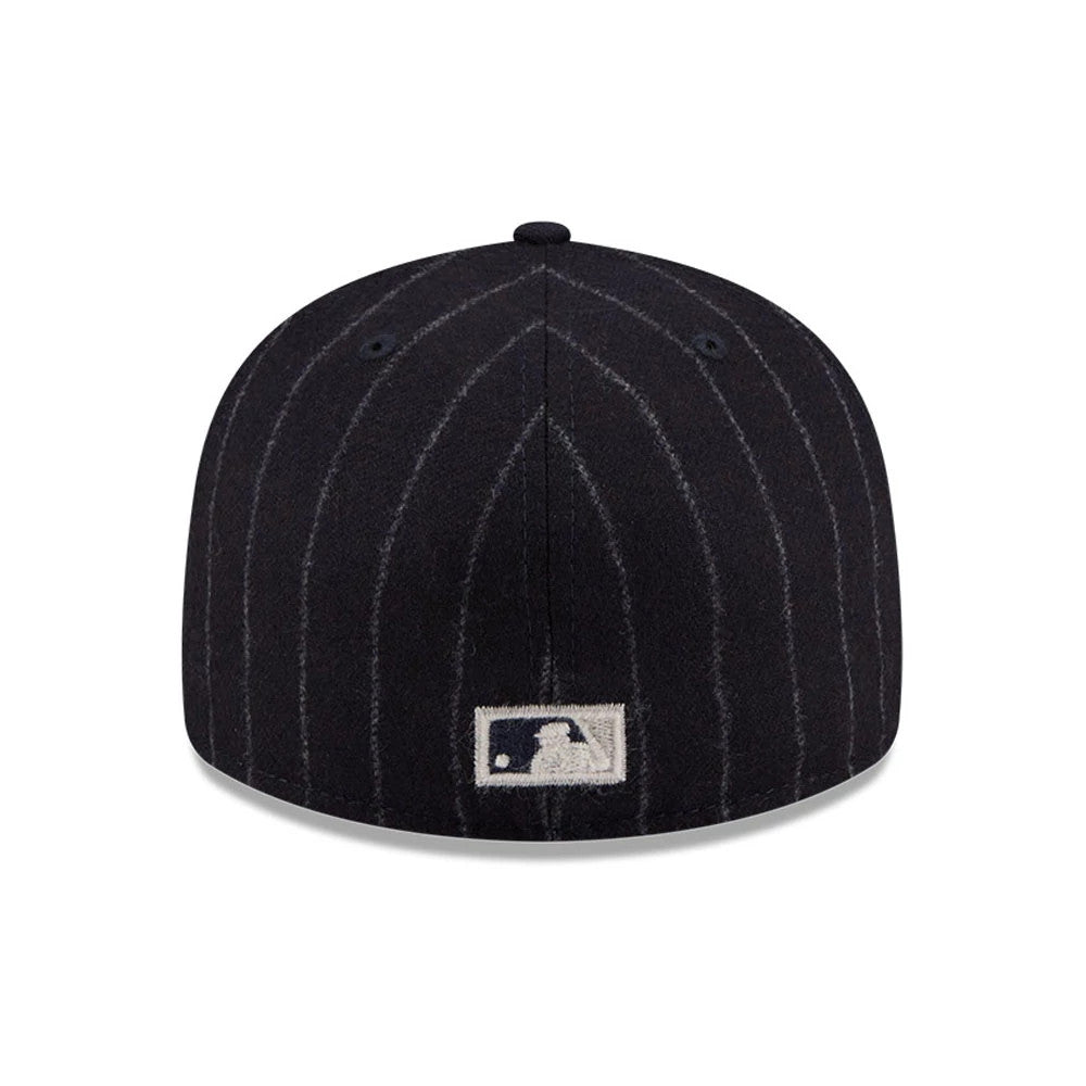 Brooklyn Dodgers MLB X Moon Navy New Era 59FIFTY Fitted Cap, rear view showing the white embroidered MLB Batterman logo at the centre of the back panels and vertical pinstripe on the structured navy crown.