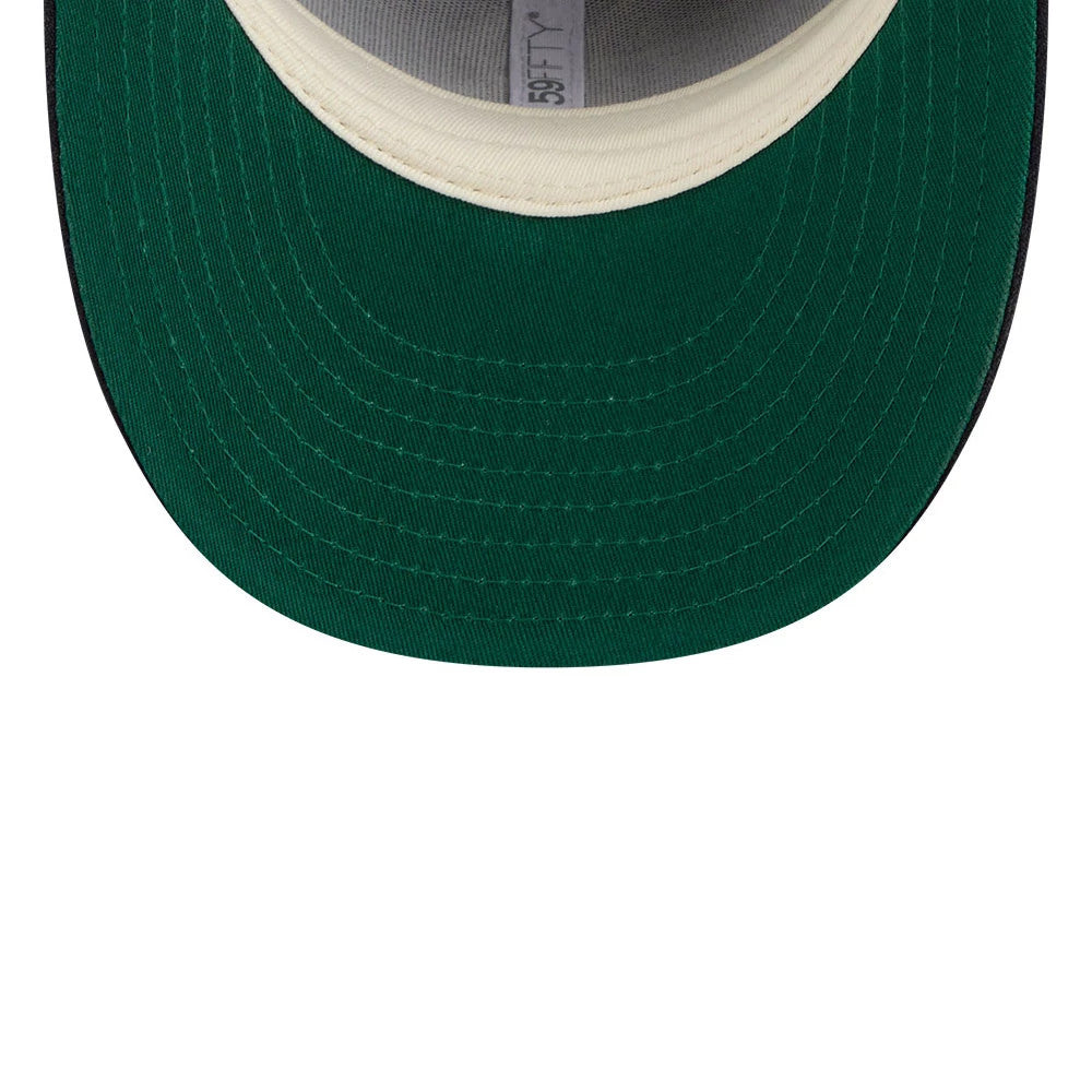 Brooklyn Dodgers MLB X Moon Navy New Era 59FIFTY Fitted Cap, inside view showing the grey sweatband, contrasting green undervisor, and white taped seams, with a 59FIFTY label printed in grey.