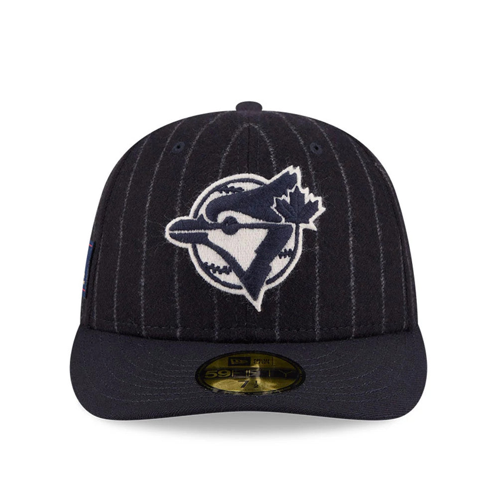 Toronto Blue Jays MLB X Moon Navy New Era 59FIFTY Fitted Cap, front view showing the raised embroidered Blue Jays logo on the pinstriped navy crown, with a flat navy visor and gold 59FIFTY size sticker.