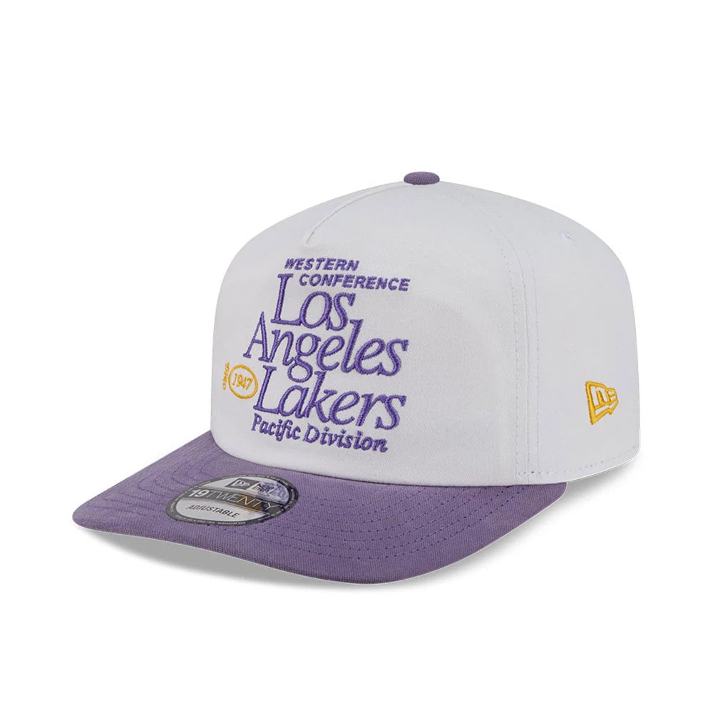 LA Lakers NBA Conference White New Era 19TWENTY Adjustable Cap, three-quarter view showing purple embroidered lettering on the white front panels, a purple visor with a 19TWENTY size sticker, and a gold New Era flag logo on the left side.