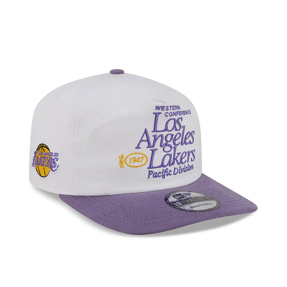 LA Lakers NBA Conference White New Era 19TWENTY Adjustable Cap, three-quarter view showing purple and gold team embroidery on the front panel, a contrasting purple visor, and a 19TWENTY size sticker on the top.