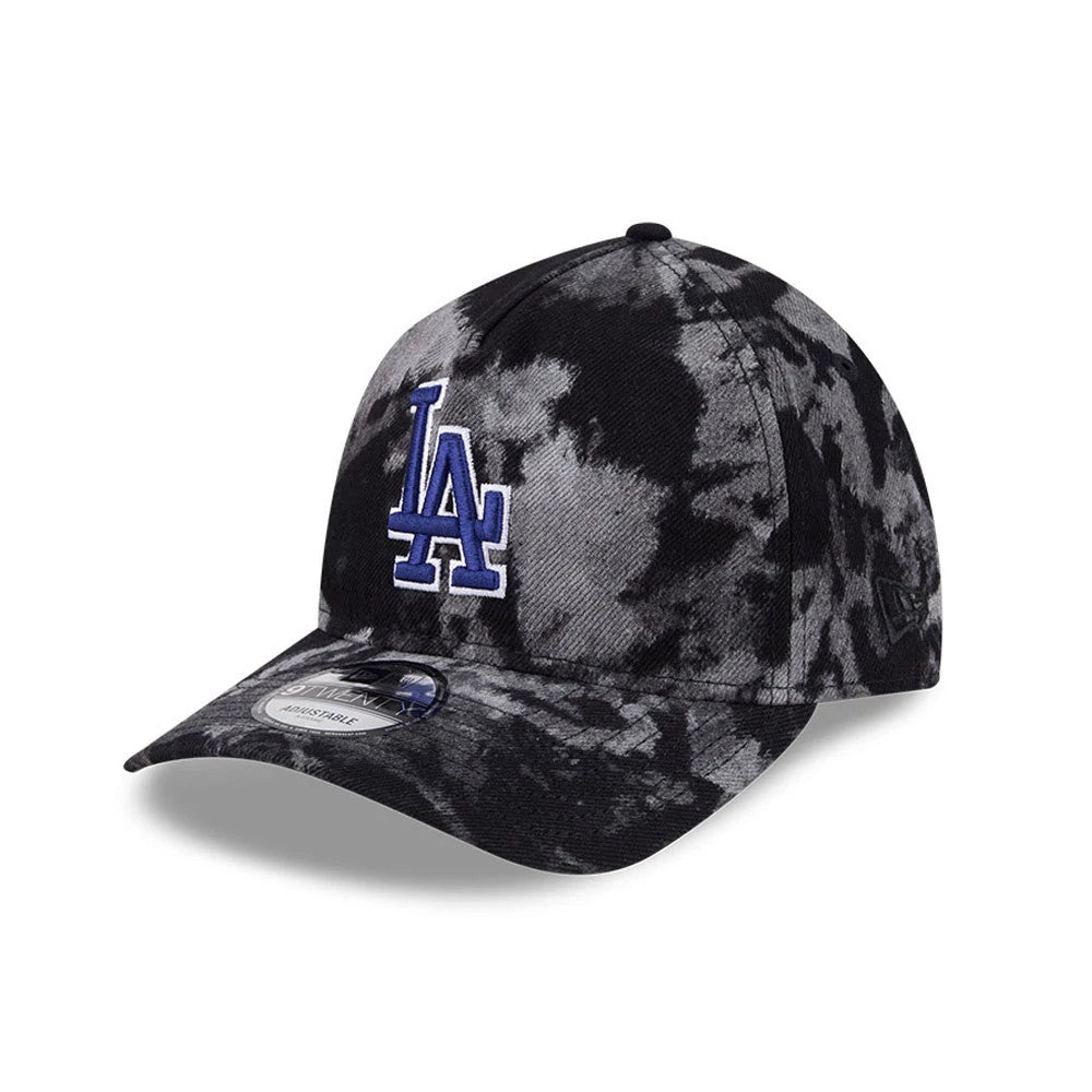 LA Dodgers MLB Bleached Denim Black New Era 9TWENTY A-Frame Adjustable Cap, three-quarter view showing a blue LA logo in raised embroidery on the front panel, black visor with a 9TWENTY size sticker, and New Era flag logo on the left side.