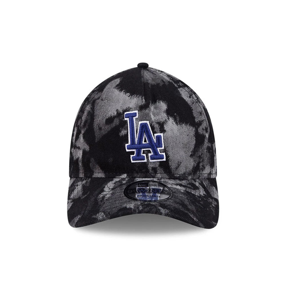 LA Dodgers MLB Bleached Denim Black New Era 9TWENTY A-Frame Adjustable Cap, front view showing a raised blue embroidered LA logo on the centre of the bleached crown with a black curved visor and a 9TWENTY size sticker.