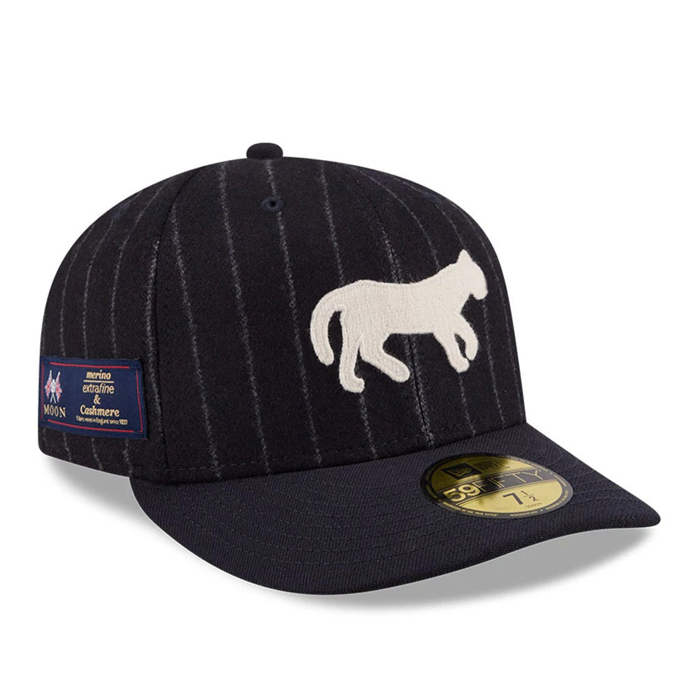 Detroit Tigers MLB X Moon Navy New Era 59FIFTY Fitted Cap, front view showing a white embroidered tiger silhouette on the front panel, navy pinstripe crown, a gold 59FIFTY size sticker on the visor, and a Moon logo patch on the side.
