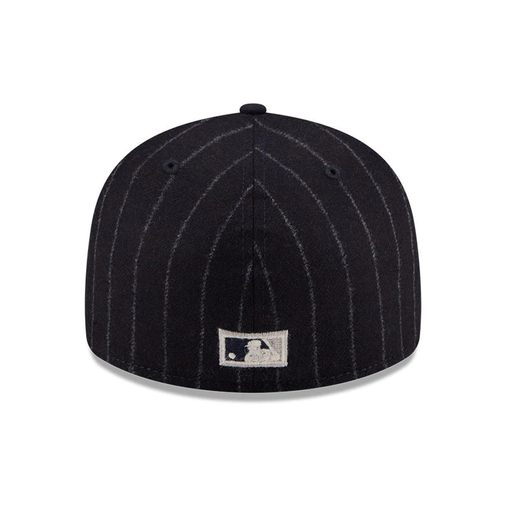 Boston Red Sox MLB X Moon Navy New Era 59FIFTY Fitted Cap, rear view showing white embroidered MLB Batterman logo on the centre of the dark pinstriped back panels, with matching eyelets on the structured navy crown.