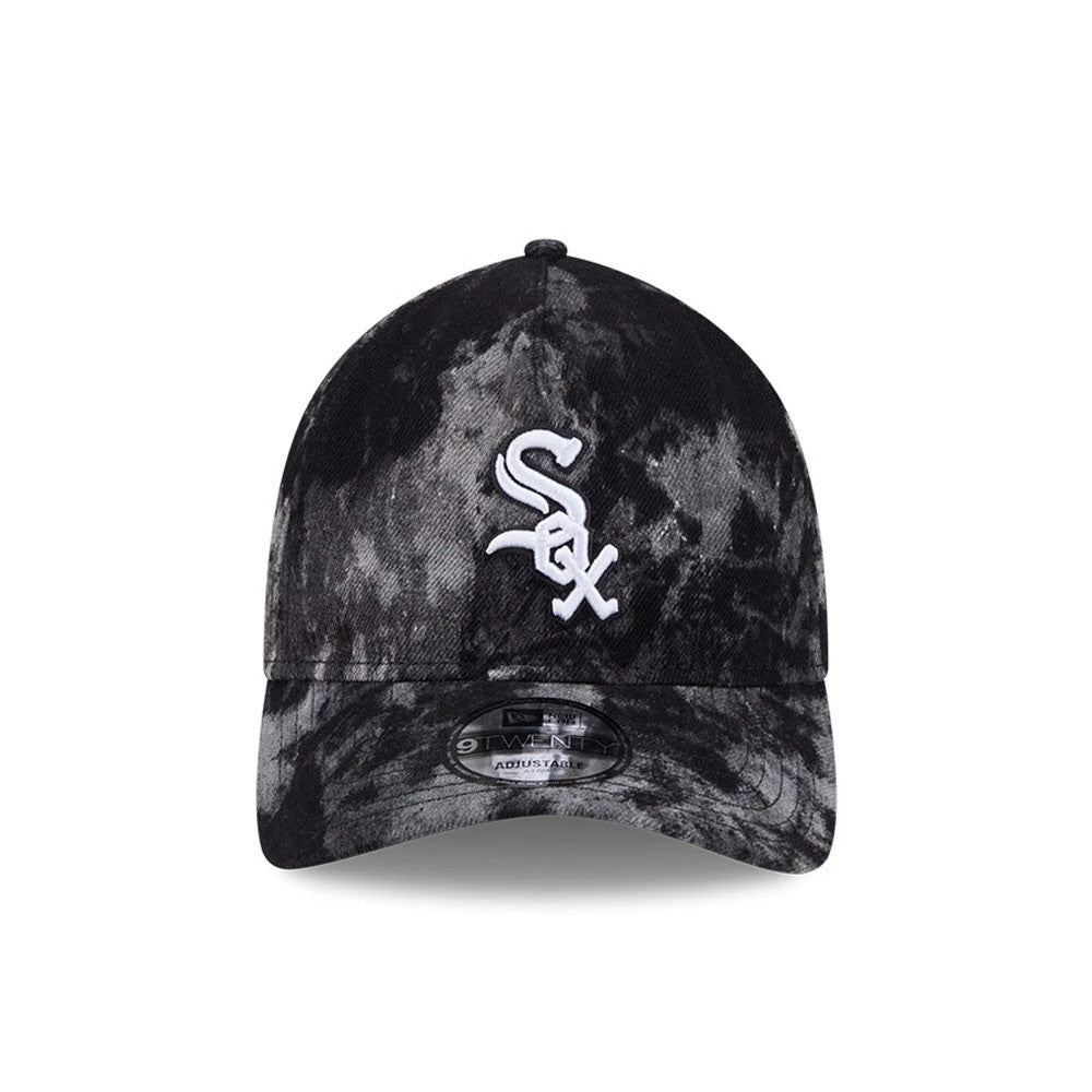 Chicago White Sox MLB Bleached Denim Black New Era 9TWENTY A-Frame Adjustable Cap, front view showing white embroidered Sox logo on the structured black bleached denim crown with a curved visor and a 9TWENTY size sticker.