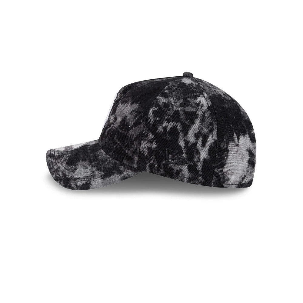 Chicago White Sox MLB Bleached Denim Black New Era 9TWENTY A-Frame Adjustable Cap, side view showing the New Era flag logo on the left side, with a curved visor and black and grey bleached denim pattern.