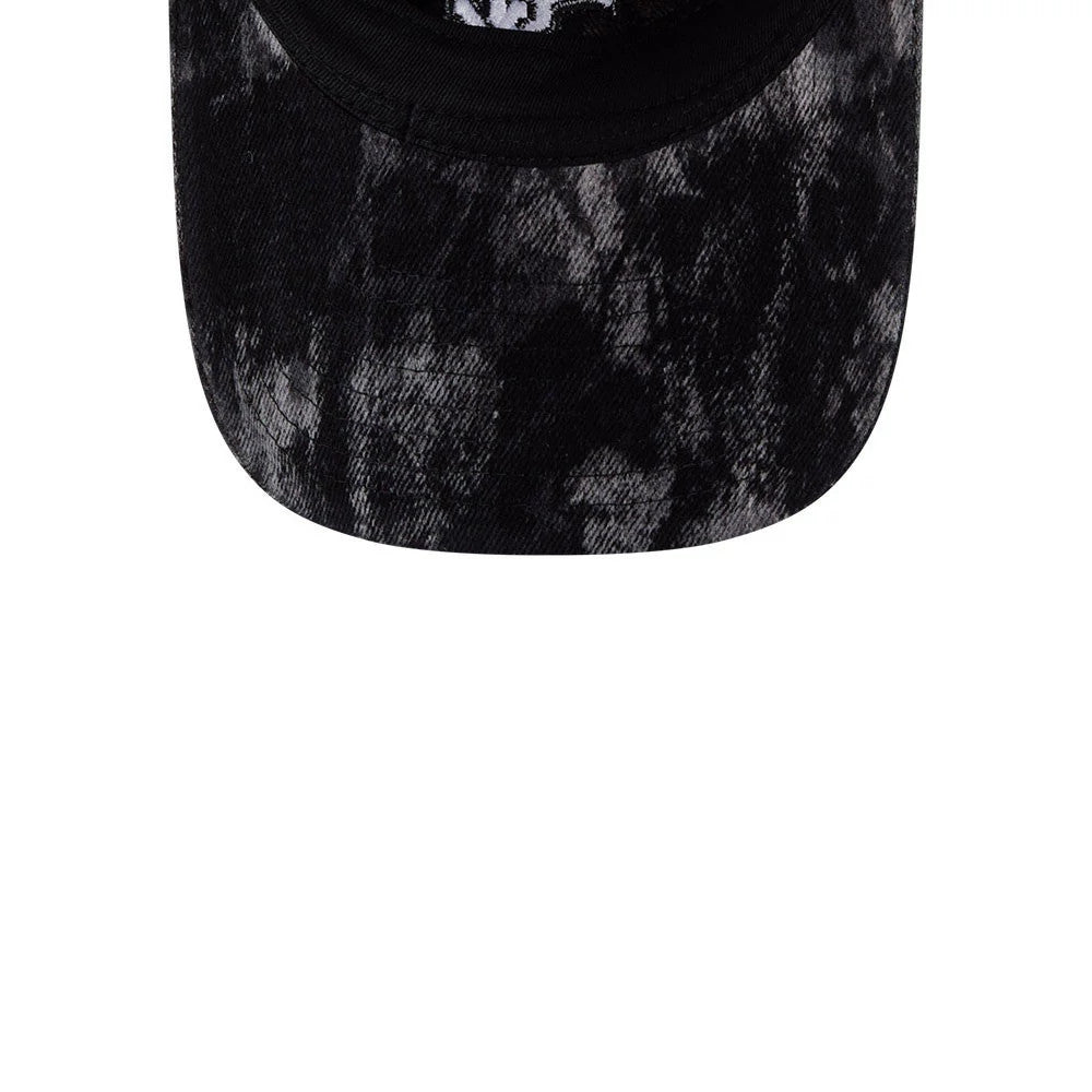 Chicago White Sox MLB Bleached Denim Black New Era 9TWENTY A-Frame Adjustable Cap, top view showing the black bleached denim pattern on the curved visor with a texture and matching stitching detail.