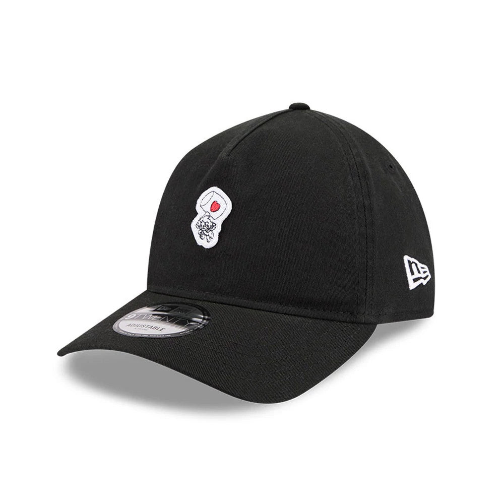Tom & Jerry Love Hammer Black New Era 9TWENTY A-Frame Adjustable Cap, three-quarter view showing a white embroidered hammer graphic with a red heart and Tom on the black front panel, with a 9TWENTY size sticker on the visor.
