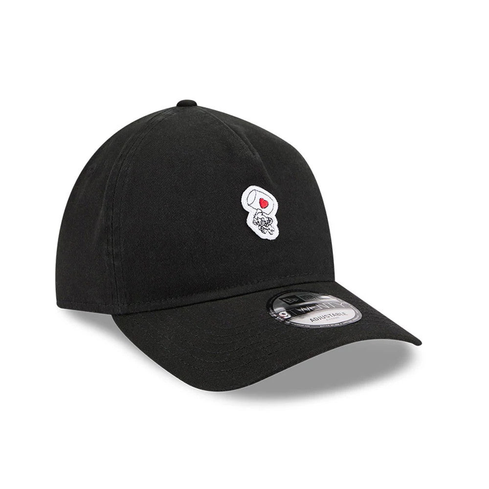 Tom & Jerry Love Hammer Black New Era 9TWENTY A-Frame Adjustable Cap, three-quarter view showing a small embroidered graphic of a hammer and heart on the front panel, with a curved visor and 9TWENTY size sticker.