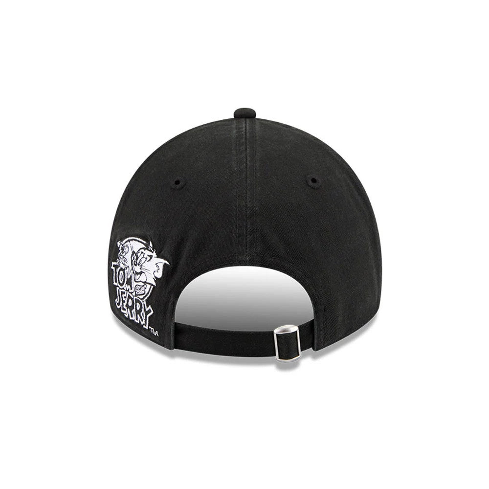 Tom & Jerry Love Hammer Black New Era 9TWENTY A-Frame Adjustable Cap, rear view showcasing the white embroidered Tom & Jerry logo on the left back panel and the black adjustable strap with a silver buckle closure.