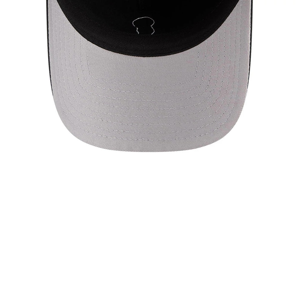 Tom & Jerry Love Hammer Black New Era 9TWENTY A-Frame Adjustable Cap, top view showing a grey curved visor with a black top button and a outline of a character embroidered on the black crown.