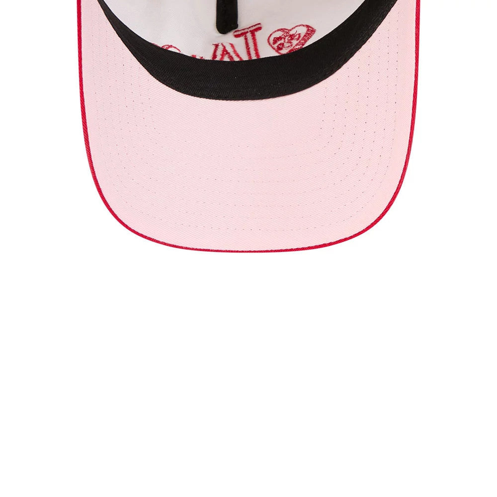 LA Dodgers MLB Conversation Hearts Red New Era 9TWENTY A-Frame Adjustable Cap, inside view showing the white undervisor with embroidered red letters and heart drawings, black interior taping and contrasting red edge stitching.