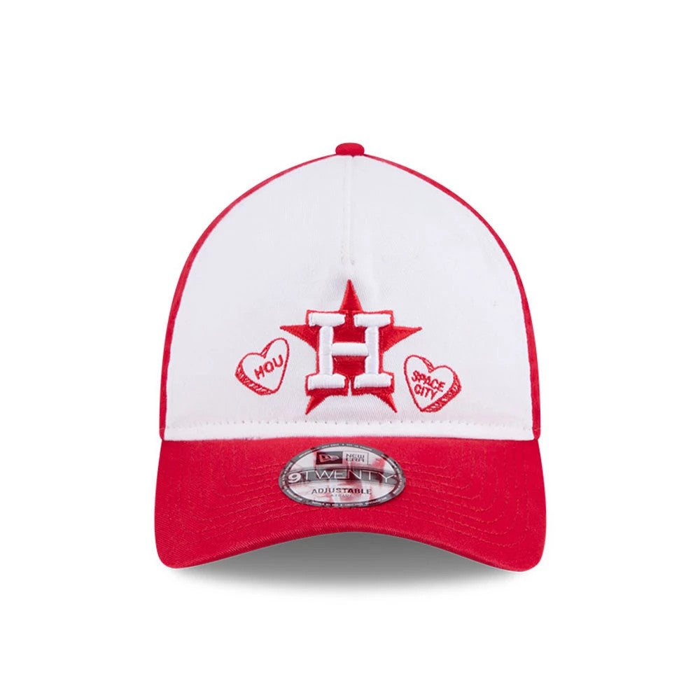 Houston Astros MLB Conversation Hearts Red New Era 9TWENTY A-Frame Adjustable Cap, front view showing white H logo with star backdrop in raised embroidery, two red heart graphics, and a 9TWENTY size sticker on the red curved visor.