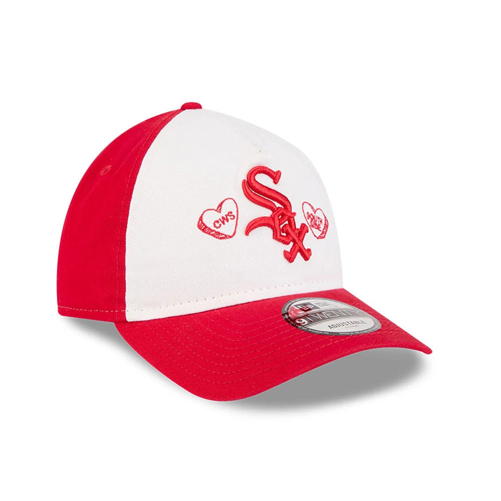 Chicago White Sox MLB Conversation Hearts Red New Era 9TWENTY A-Frame Adjustable Cap, three-quarter view showing red embroidered Sox logo on white front panel flanked by heart motifs, with a matching red curved visor and 9TWENTY size sticker.