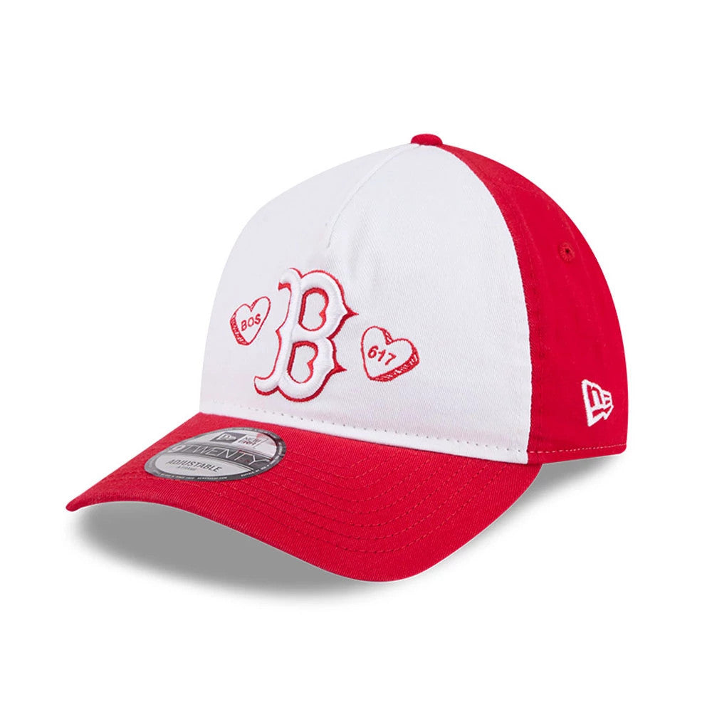 Boston Red Sox MLB Conversation Hearts Red New Era 9TWENTY A-Frame Adjustable Cap, front view showing a white front panel with a red embroidered B logo flanked by heart motifs, and a grey 9TWENTY size sticker on the red curved visor.