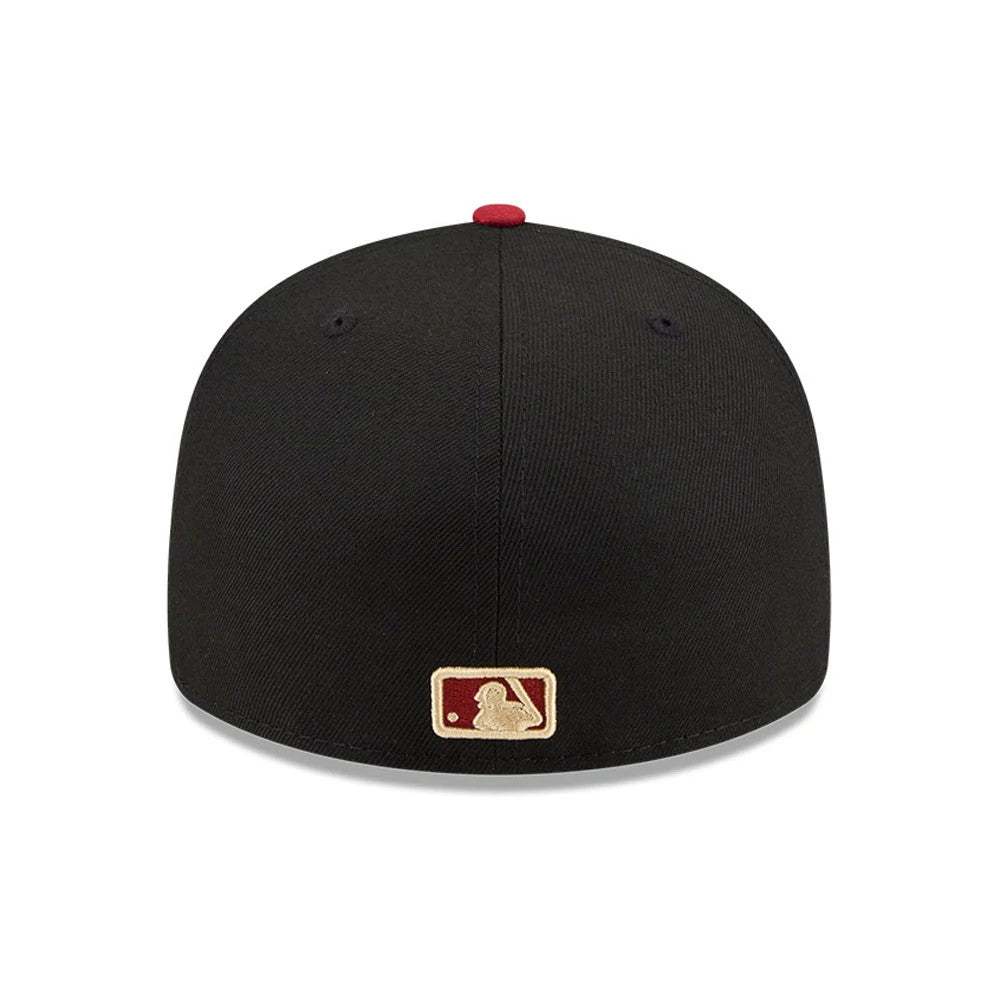 New York Yankees MLB Team Cards Black New Era 59FIFTY Fitted Cap, rear view showing the gold and red embroidered MLB Batterman logo at the centre back, with a red top button and black eyelets on the structured crown.