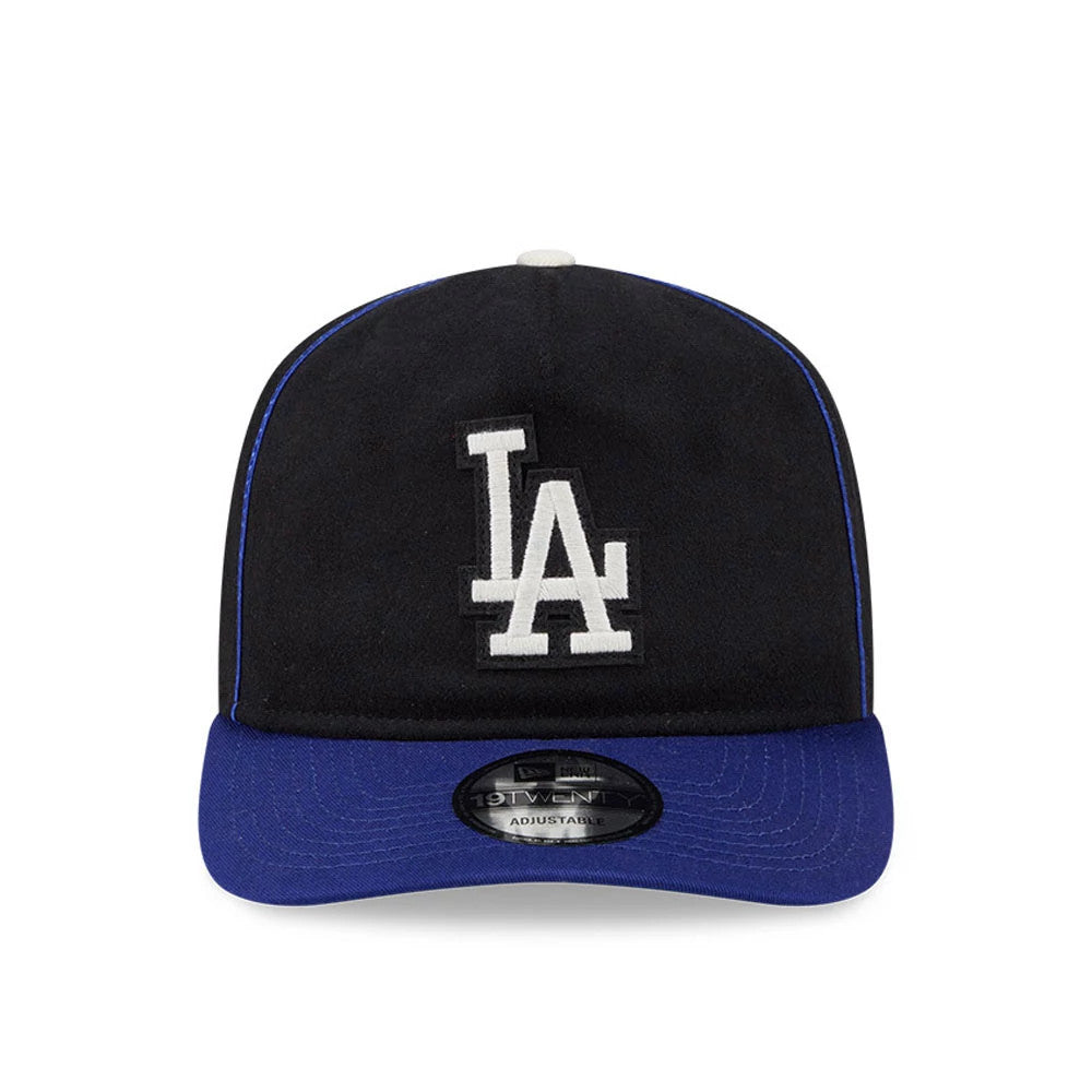 LA Dodgers MLB Felt Logo Dark Blue New Era 19TWENTY Adjustable Cap, front view showing a white embroidered LA logo on the dark blue front panel, blue visor, and black 19TWENTY size sticker.