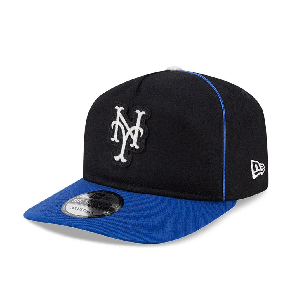 New York Mets MLB Felt Logo Blue New Era 19TWENTY Adjustable Cap, three-quarter view showing the raised white and black embroidered NY logo on the front panel, a blue visor with a 19TWENTY size sticker, and the New Era flag logo on the left side.