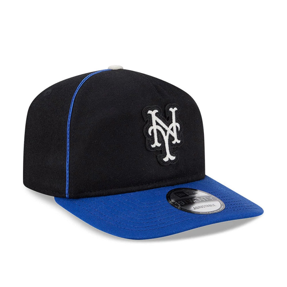 New York Mets MLB Felt Logo Blue New Era 19TWENTY Adjustable Cap, three-quarter view showing raised white embroidered NY logo on black crown, blue flat visor with 19TWENTY size sticker, and contrasting blue piping.