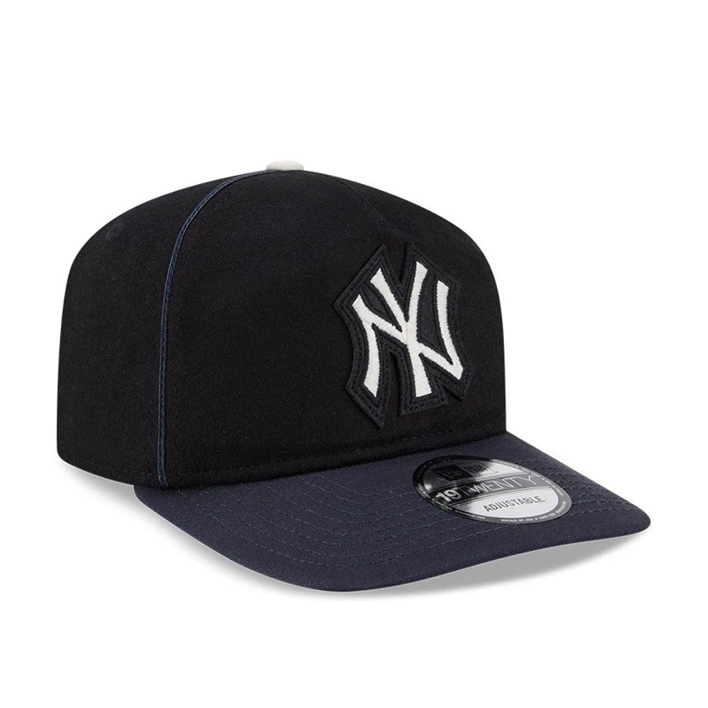 New York Yankees MLB Felt Logo Navy New Era 19TWENTY Adjustable Cap, three-quarter view showing white raised NY logo on the front panel, navy visor with 19TWENTY size sticker, and grey top button detail.