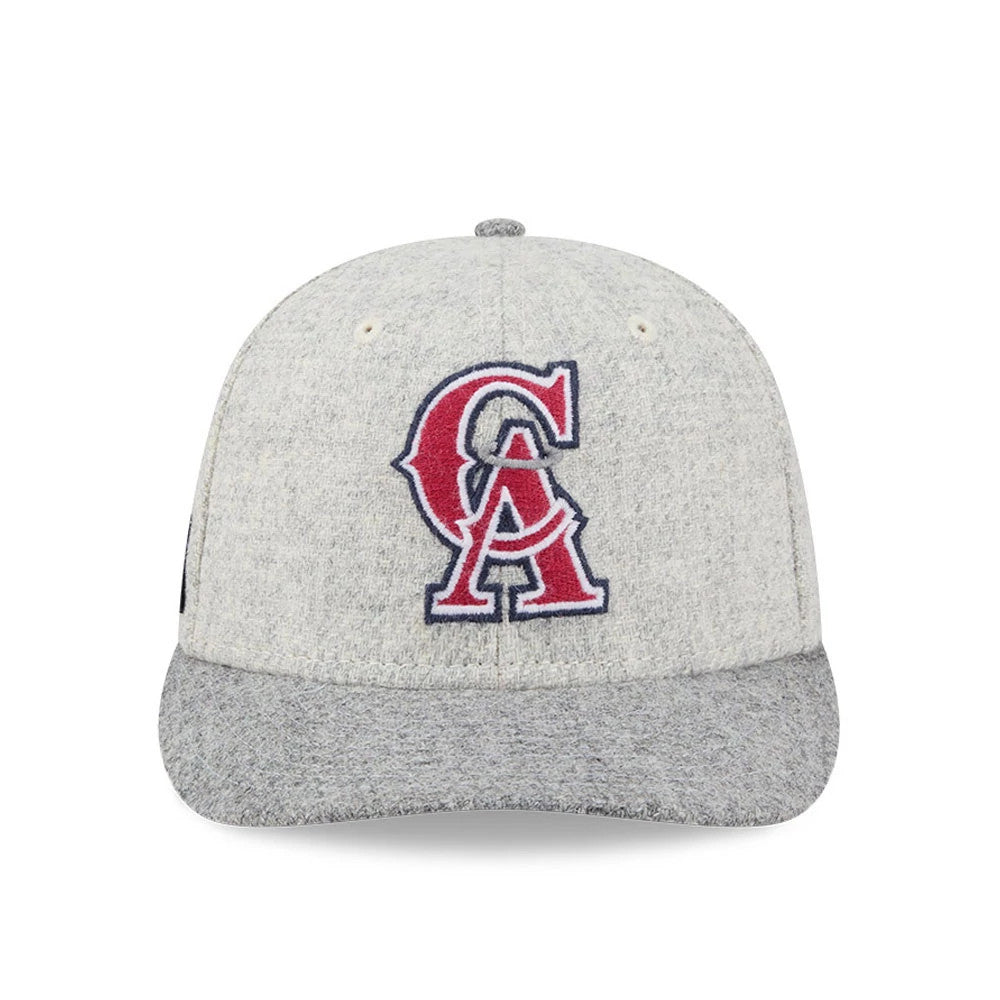 LA Angels MLB X Moon Light Beige New Era 59FIFTY Fitted Cap, front view showing the raised red and navy CA logo embroidered on the light beige crown, with a matching grey visor and eyelets.