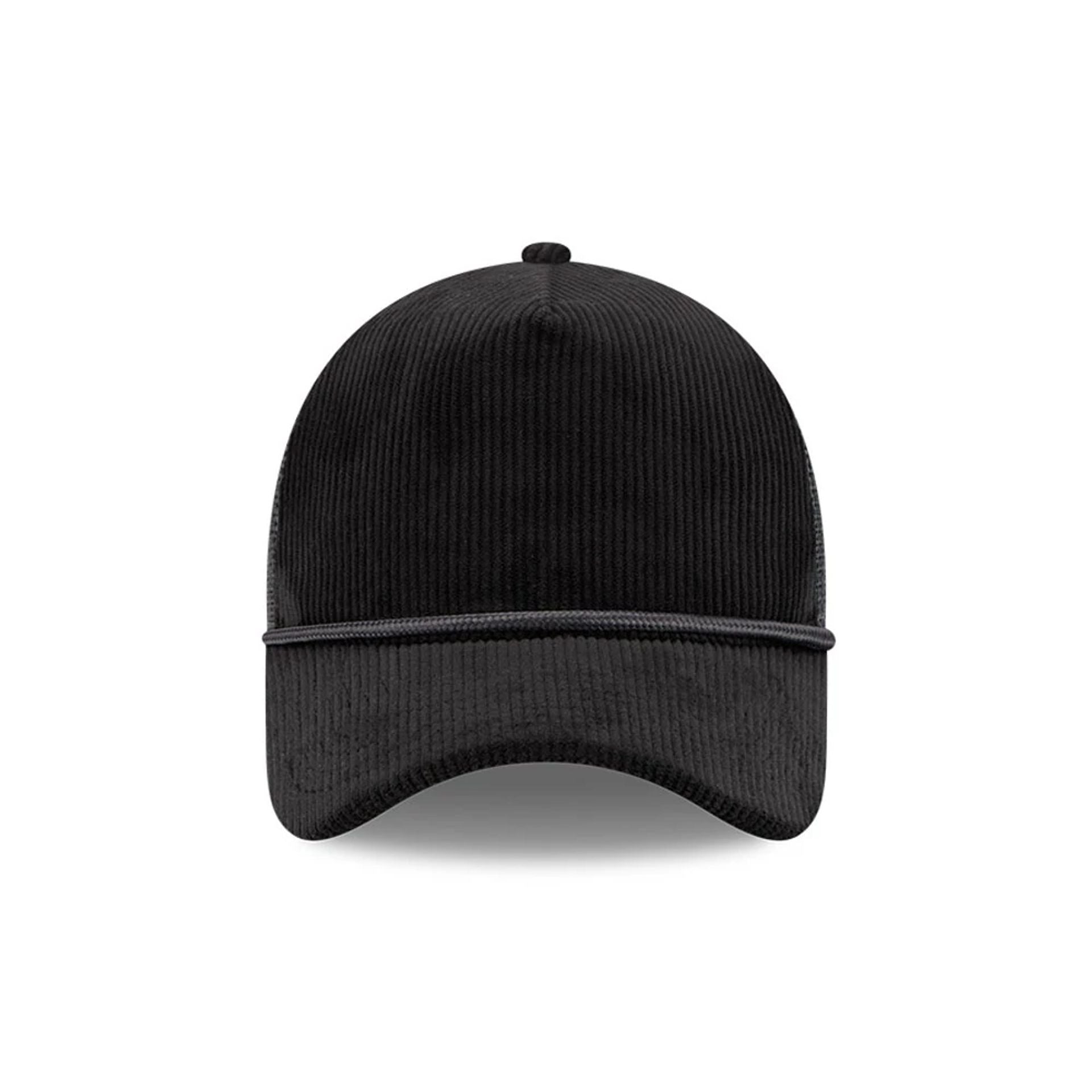 Pictured is this New Era Wide Cord 9FORTY A-Frame Trucker cap in black. 2