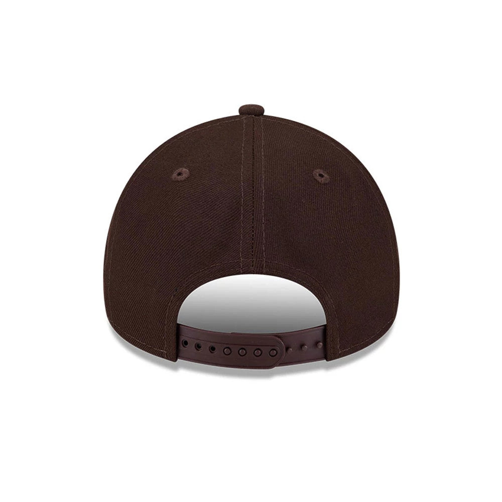 Netflix Squid Game Shapes Dark Brown New Era 9FORTY A-Frame Adjustable Cap, rear view showing the dark brown snap closure at the base of the unstructured crown with matching eyelets and a top button for a cohesive look.