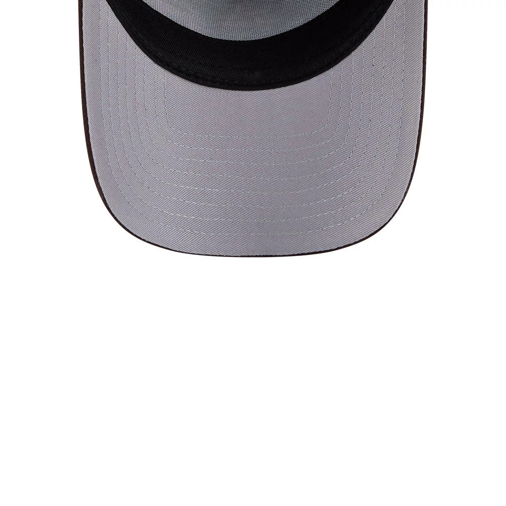 Netflix Squid Game Shapes Dark Brown New Era 9FORTY A-Frame Adjustable Cap, inside view showing the grey undervisor and black sweatband, highlighting the neat stitching details on the structured visor.