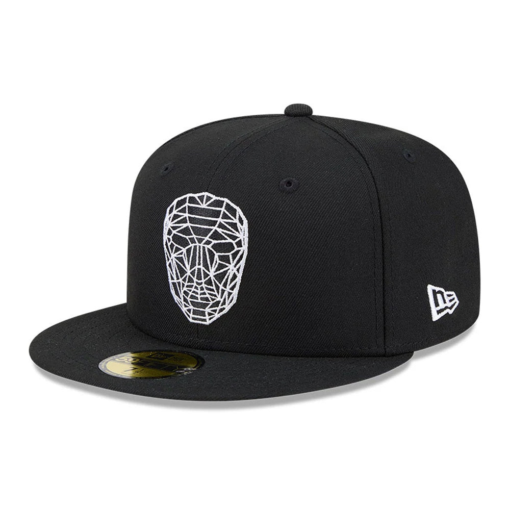 Netflix Squid Game Mask Black New Era 59FIFTY Fitted Cap, three-quarter view with a white embroidered geometric mask design on the front panel, black structured crown, flat black visor, and a gold 59FIFTY size sticker.