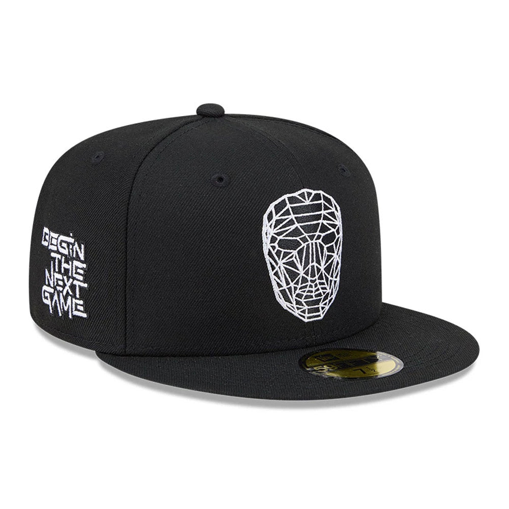 Netflix Squid Game Mask Black New Era 59FIFTY Fitted Cap, front view showing a white embroidered geometric mask graphic and Begin the Next Game text on the left panel, with a black flat visor and gold 59FIFTY size sticker.