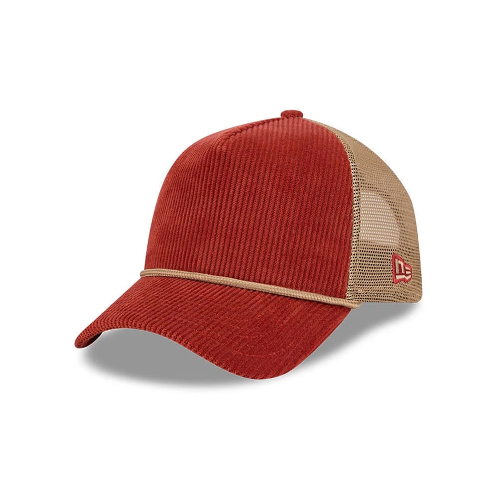 Pictured is this New Era Wide Cord 9FORTY A-Frame Trucker cap in dark red. 1