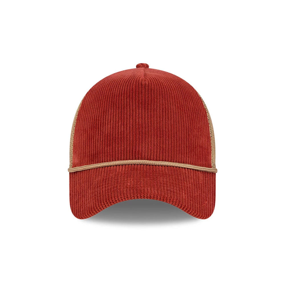 Pictured is this New Era Wide Cord 9FORTY A-Frame Trucker cap in dark red. 2