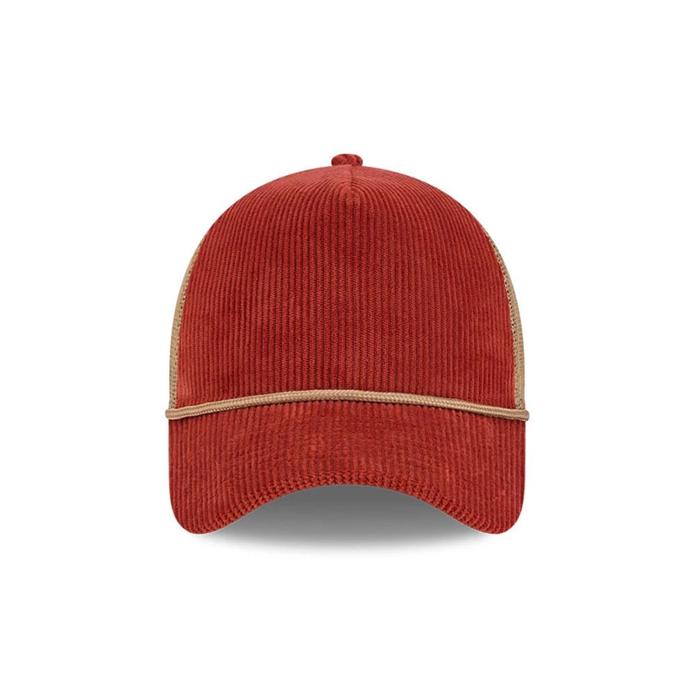Pictured is this New Era Wide Cord 9FORTY A-Frame Trucker cap in dark red. 2