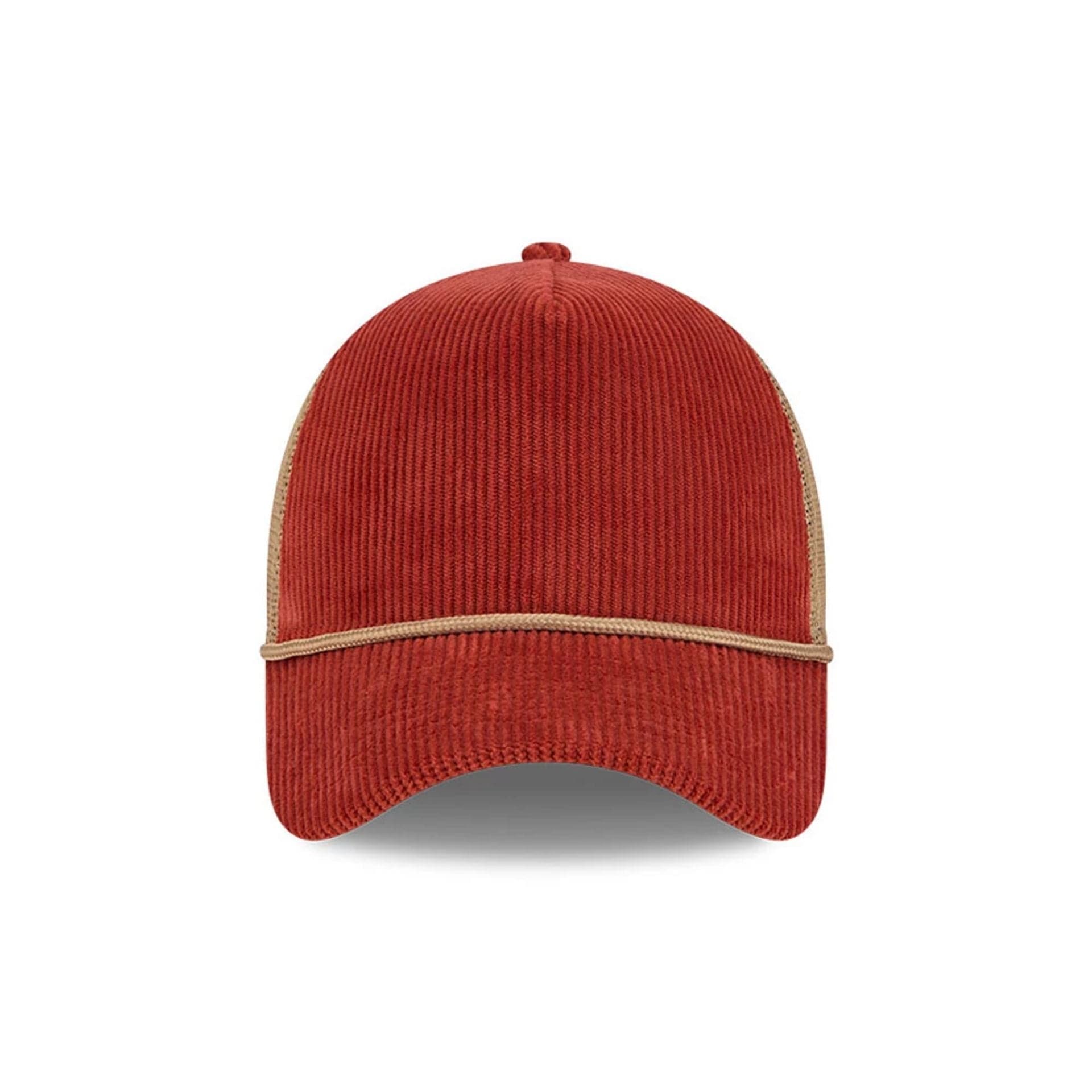 Pictured is this New Era Wide Cord 9FORTY A-Frame Trucker cap in dark red. 2