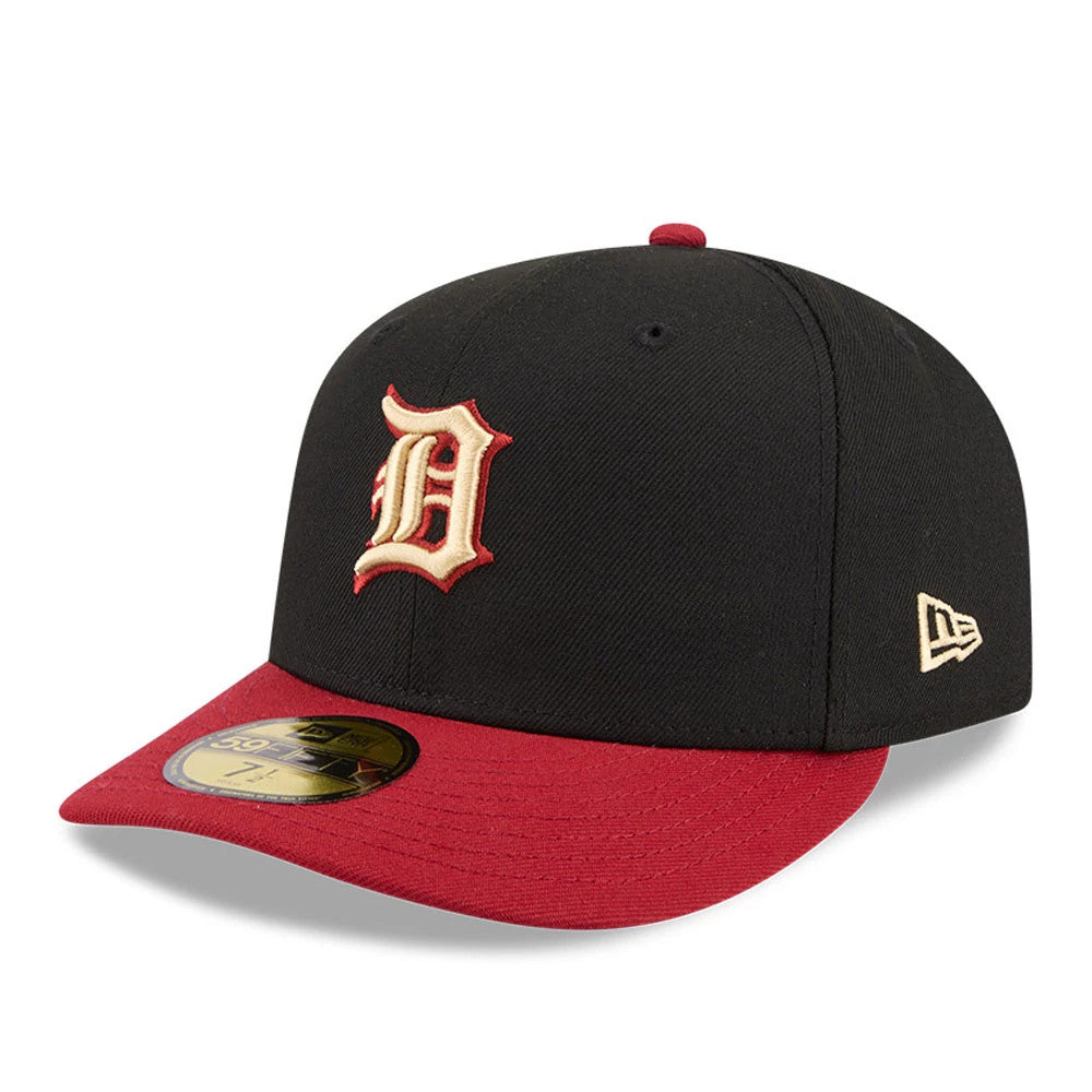 Detroit Tigers MLB Team Cards Black New Era 59FIFTY Fitted Cap, front view showing the raised white and red D logo embroidered on the black crown, a contrasting red visor with a gold 59FIFTY size sticker, and the New Era flag on the left side.