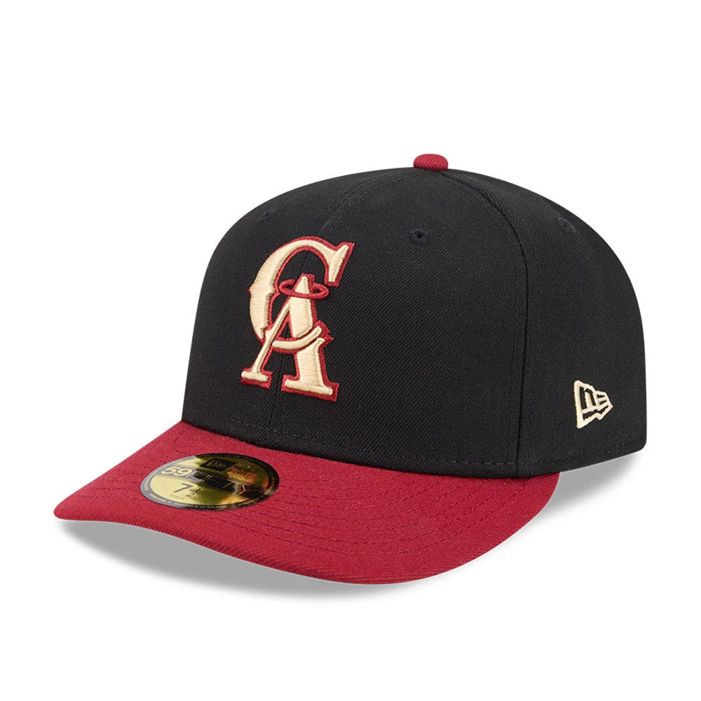 LA Angels MLB Team Cards Black New Era 59FIFTY Fitted Cap, three-quarter view showing the raised embroidered large CA logo in cream and red on the black front, with a contrasting red visor and gold 59FIFTY size sticker.