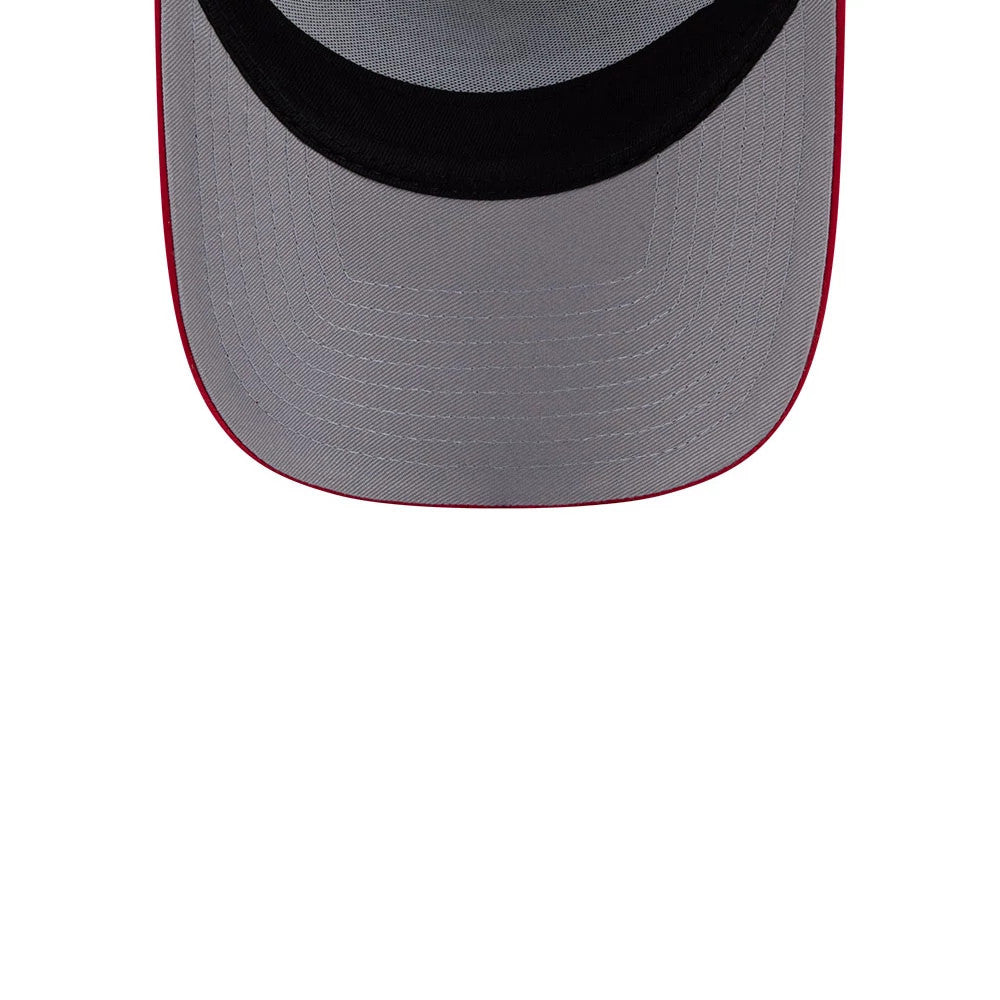 Tom & Jerry Love Cherie Red New Era 9FORTY A-Frame Trucker Adjustable Cap, inside view showing the grey undervisor in contrast with the black sweatband, highlighted by the red stitching along the edge under the visor.