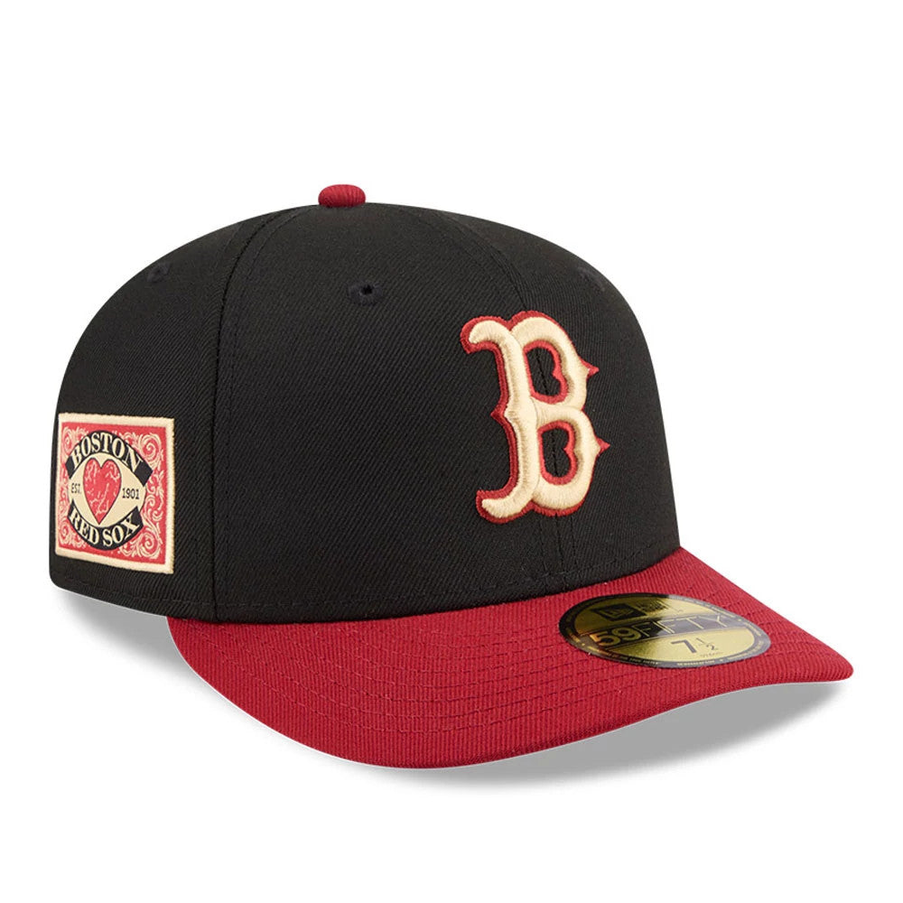 Boston Red Sox MLB Team Cards Black New Era 59FIFTY Fitted Cap, three-quarter view showing the raised red and cream embroidered B logo on the front panel, black structured crown, red flat visor, and a gold 59FIFTY size sticker.