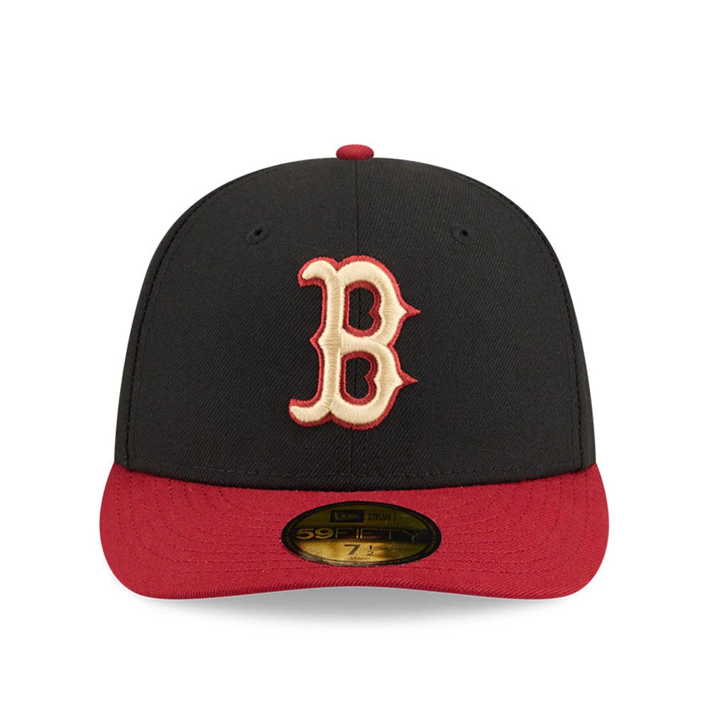 Boston Red Sox MLB Team Cards Black New Era 59FIFTY Fitted Cap, front view showing the red and cream Boston B logo in raised embroidery on the black front panel, complemented by a red visor with a gold 59FIFTY size sticker.