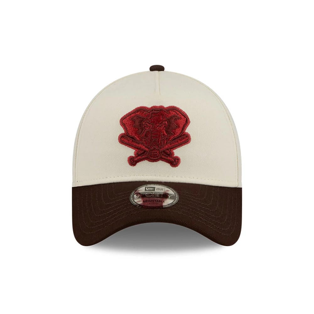 Pictured is this MLB City Script Athletics 9FORTY A-Frame cap in Cream. 3