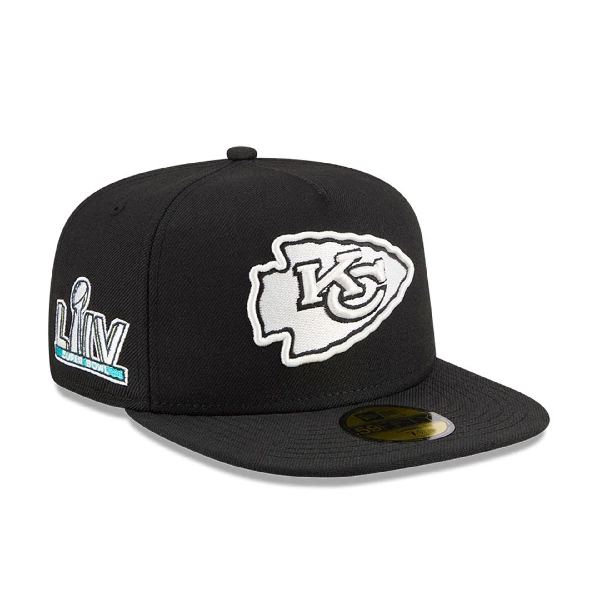 Pictured is this NFL Chiseled Embroidery Kansas City Chiefs 59FIFTY A-Frame Fitted cap in black. 1