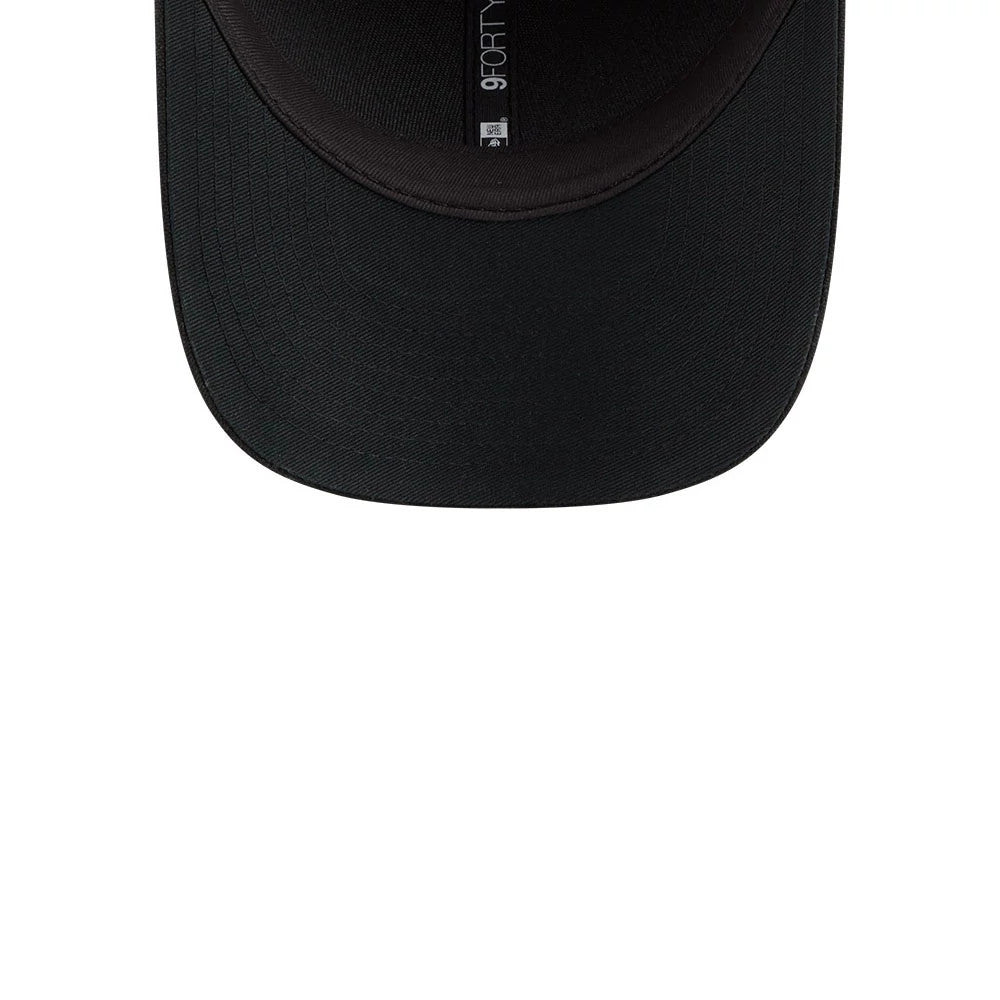 New Era Premium Black New Era 9FORTY M-Crown Adjustable Cap, inside view showing the black sweatband with an integrated 9FORTY size label, alongside a plain black undervisor and neat interior taping for a clean finish.