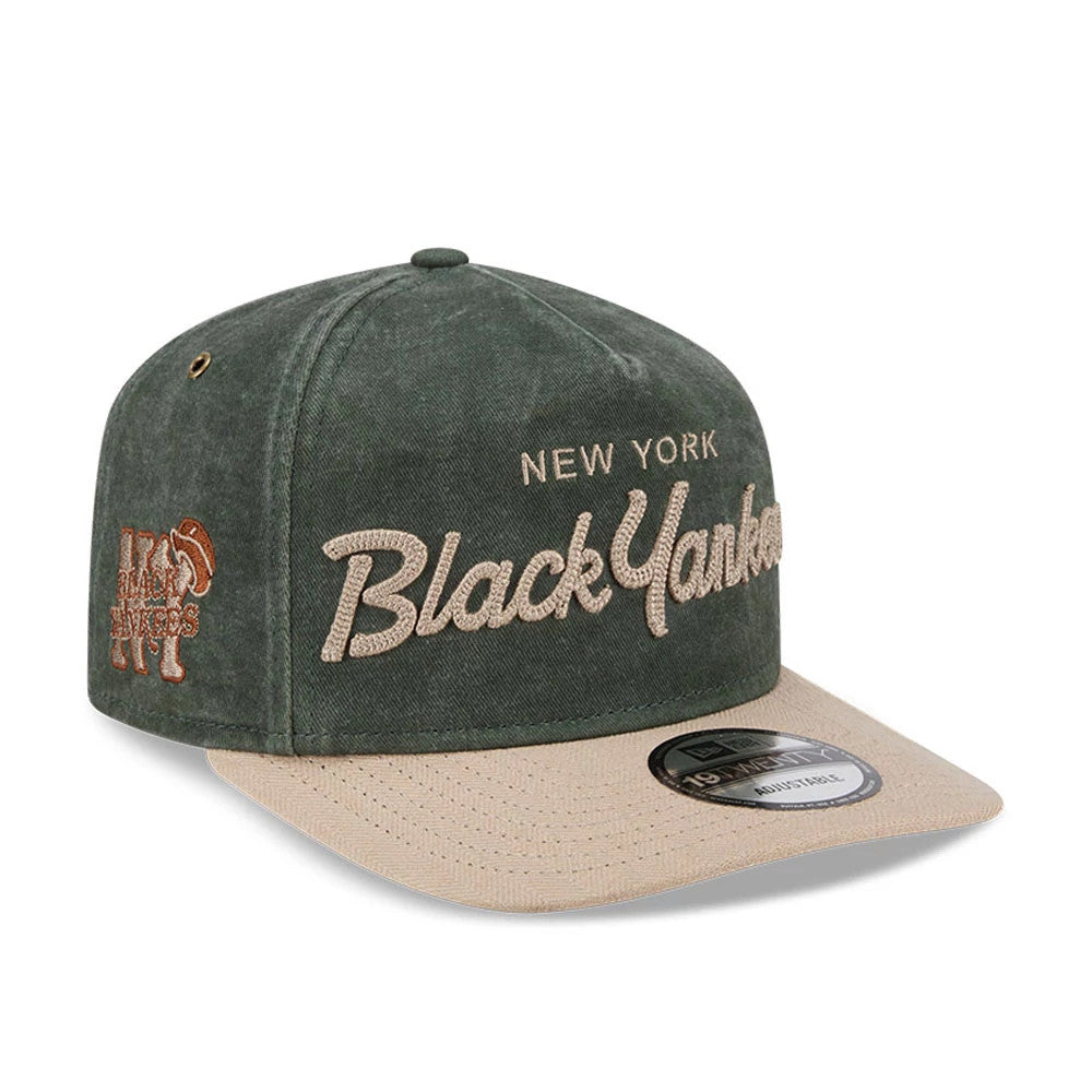 New York Black Yankees MLB Negro League Dark Green New Era 19TWENTY Adjustable Cap, front view showing raised beige New York Black Yankees script embroidery on the dark green crown, with a contrasting beige visor and New Era 19TWENTY size sticker.