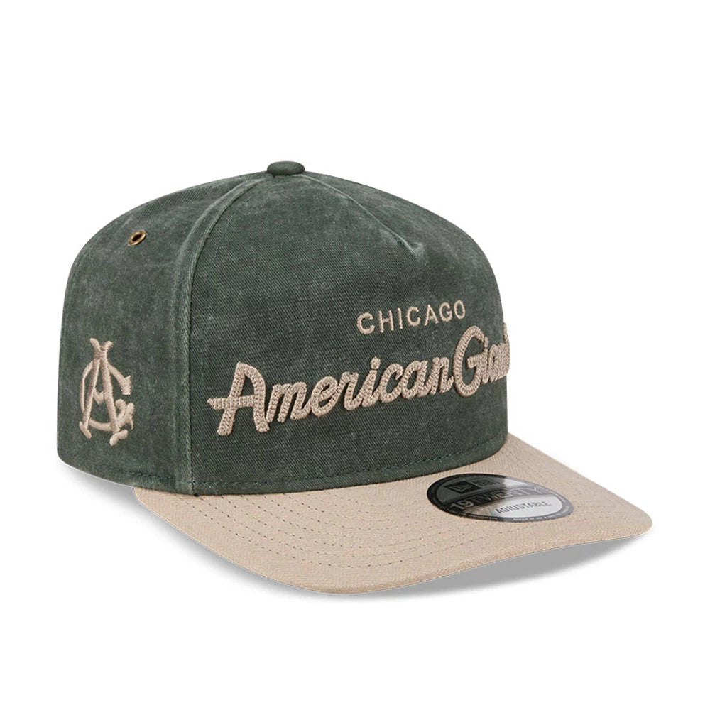 Chicago American Giants MLB Negro League Dark Green New Era 19TWENTY Adjustable Cap, three-quarter view showing raised beige embroidered Chicago American Giants lettering on the front panel, beige visor with 19TWENTY size sticker.