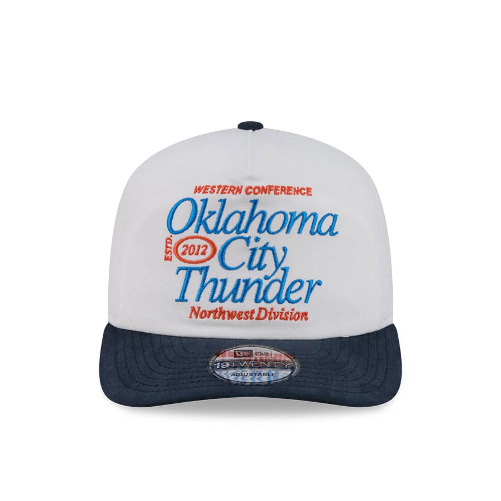 Oklahoma City Thunder NBA Conference White New Era 19TWENTY Adjustable Cap, front view showing raised Oklahoma City Thunder embroidery in blue with red accents on the structured white crown, and a dark navy curved visor with a 19TWENTY size sticker.