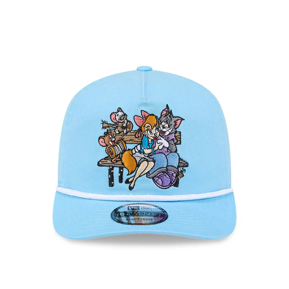 Tom & Jerry Serenade Pastel Blue New Era 19TWENTY Adjustable Cap, front view showing multicoloured embroidered Tom and Jerry design on the front panel, a white trim across the front of a curved visor, and a 19TWENTY size sticker centred beneath.