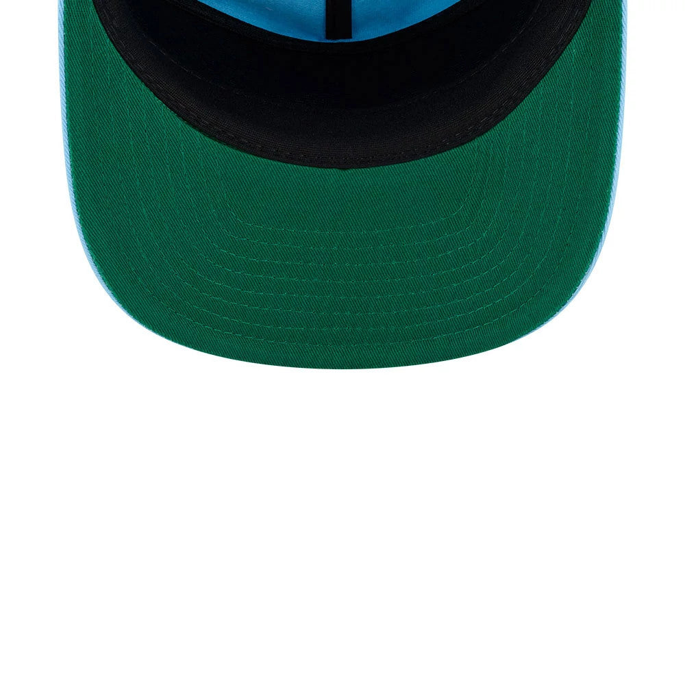 Tom & Jerry Serenade Pastel Blue New Era 19TWENTY Adjustable Cap, inside view showing a green undervisor, a black sweatband surrounding the crown, and contrasting blue taping stretching across the interior.