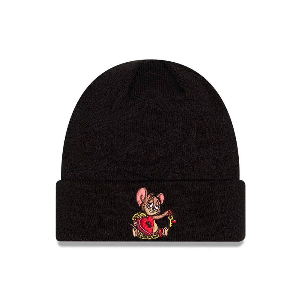 Pictured is this Tom & Jerry Key To My Heart Cuff Knit Beanie hat in black. 1
