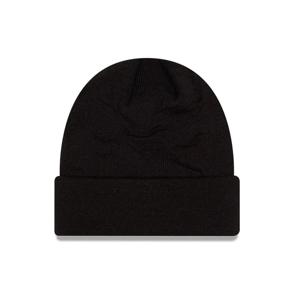 New Era Tom & Jerry Key To My Heart Black Cuff Knit Beanie Hat, front view showing a plain black knit crown with a wide cuff, highlighting a seamless and texture across the entire surface.